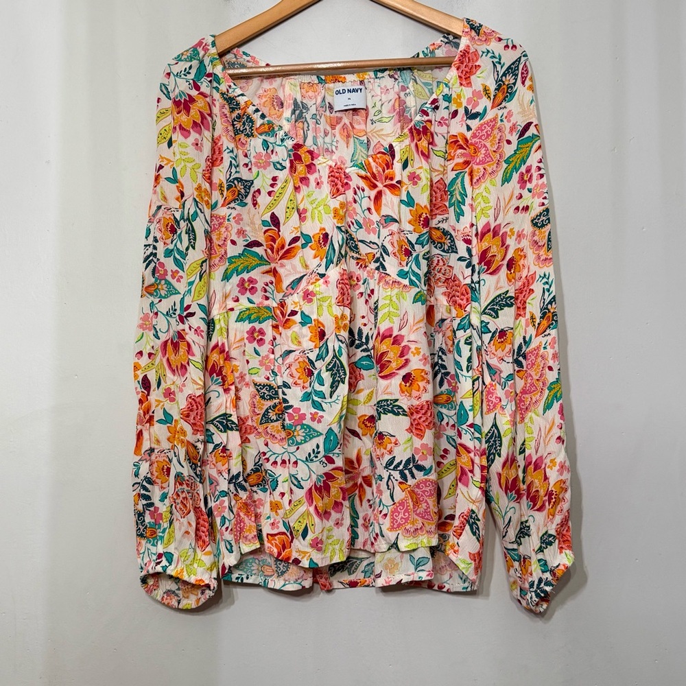 Old Navy Long Sleeve V-Neck Crinkled Boho Top Tropical Peasant NWT Bright XL - Picture 3 of 10